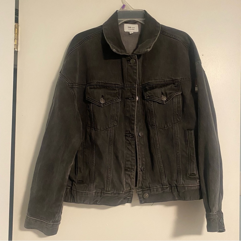 Black Jean Jacket Women’s L Denim Button Up Long Sleeve Western Goth Grunge Boho